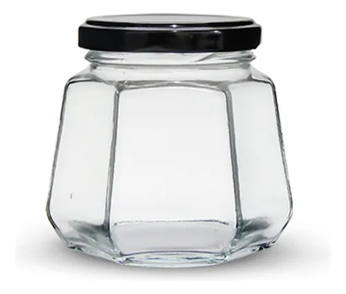 24 Potes De Vidro Sextavado 230ml Com Tampa Metálica E Lacre Cor Preto