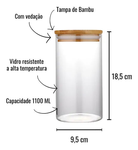 Jogo De Potes Herméticos 1100ml 2 Unidades Vidro Tampa Bambo