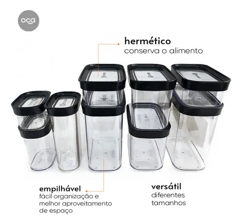 Kit Conjunto Cozinha 9 Potes Herméticos Mantimentos Temperos