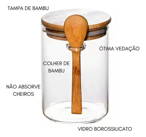 Kit 3 Potes De Vidro Com Tampa E Colher De Bambu Cor Transparente