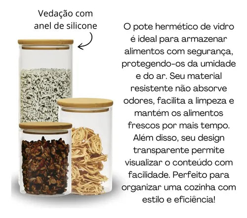 Kit 5 Potes Hermético Em Vidro Tampa Bambu Tamanho Grande
