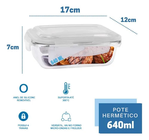 Kit 6 Potes Vidro 640ml (vai Ao Forno, Microondas) Retangular Com Tampa