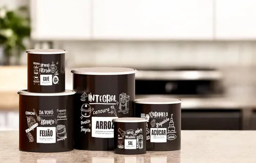 Kit 5 Potes De Mantimentos Plástico Decorado Preto Frases