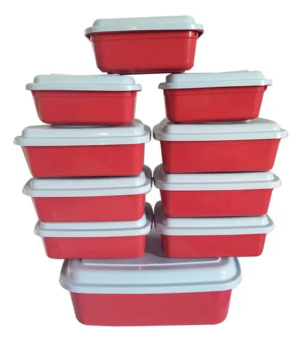 Kit 10 Potes De Mantimentos Vasilhas Plásticas Retangular Cor Vermelho