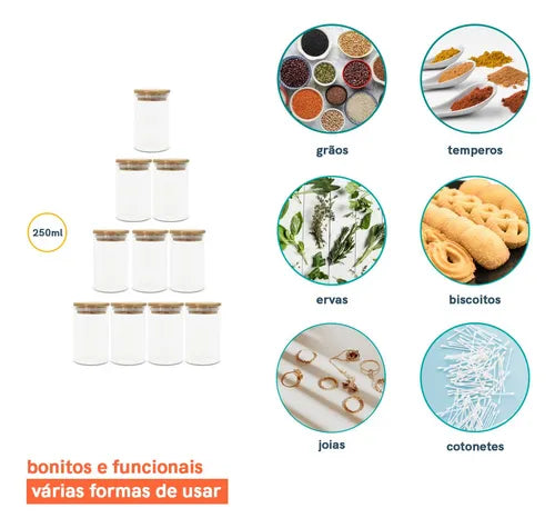 Jogo De 10 Potes Herméticos De Vidro Tampa De Bambu - 250 Ml Cor Marrom