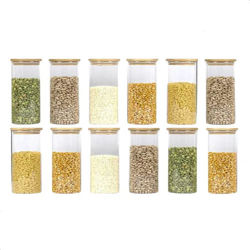 Kit 12 Potes Herméticos De Vidro Tampa De Bambu Alimentos Doces 300ml Condimentos Mantimentos