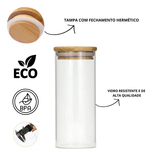 Kit 6 Pote Porta Mantimento Vidro Redondo Tampa Bambu Empilhável Hermético 600ml