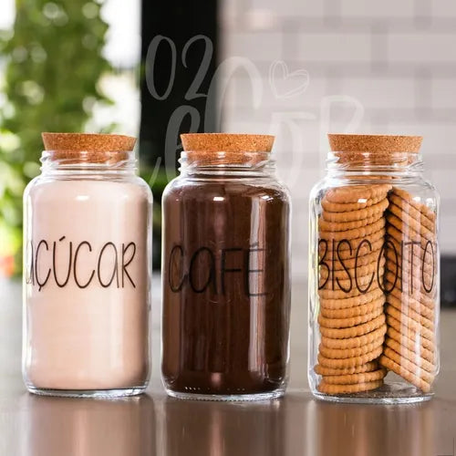 Kit 3 Potes De Vidro 810ml - Tampa De Rolha Cantinho Do Café Cor Café Açúcar Biscoito