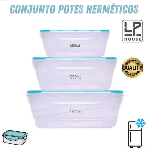 Jogo 3 Potes Transparente Vedação Tampa Hermética Marmitas