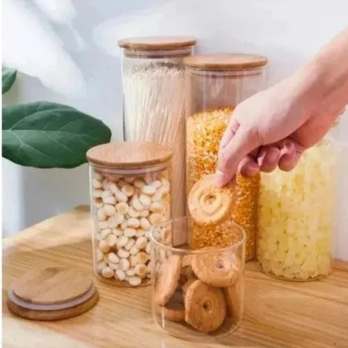 Kit 3 Porta Mantimento Vidro Tampa De Bambu 350ml Branco