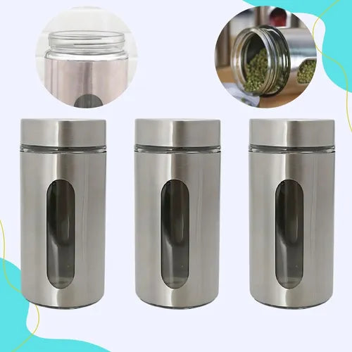 Kit 3 Potes Hermético Mantimentos Aço Inox 1l Visor Vedação