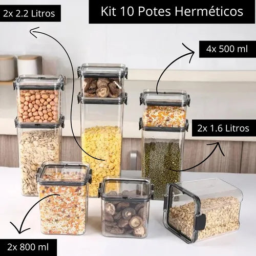 Kit 10 Potes P/ Alimentos Herméticos Quadrados Empilháveis