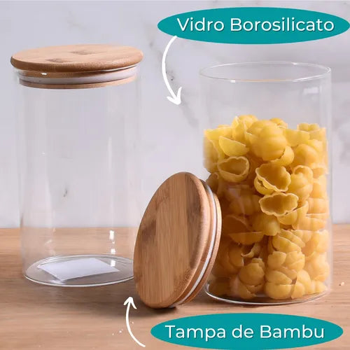 Pote De Vidro Hermético Tampa De Bambu 1 Litro Macarrão